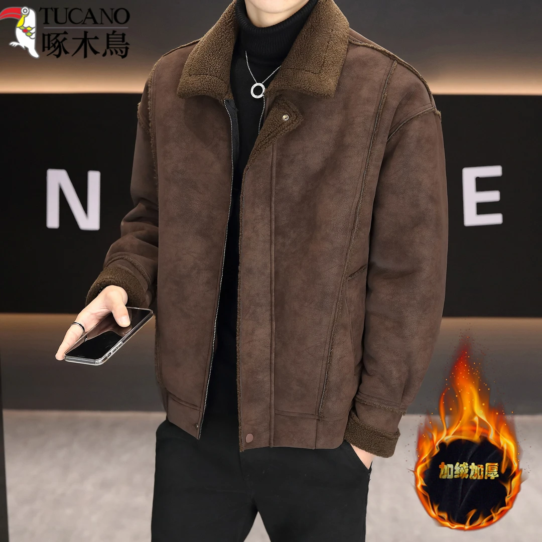 啄木鸟冬季翻领皮毛一体加绒外套男麂皮绒夹克仿羊羔绒外套男男生