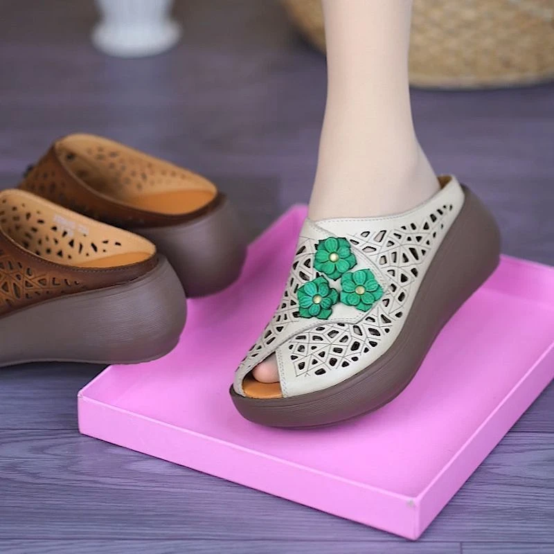 厚底增高高品质拖鞋2025夏季新款妈妈鱼嘴真软皮复古民族镂空拖鞋