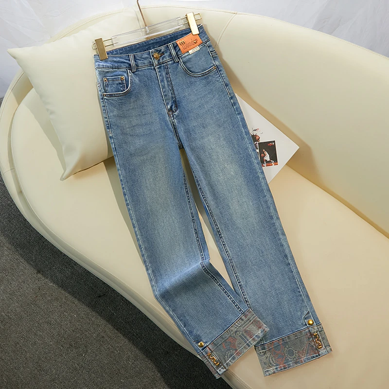 中国风印花烟管牛仔裤女2025春季新款高腰显瘦垂感卷边九分直筒裤