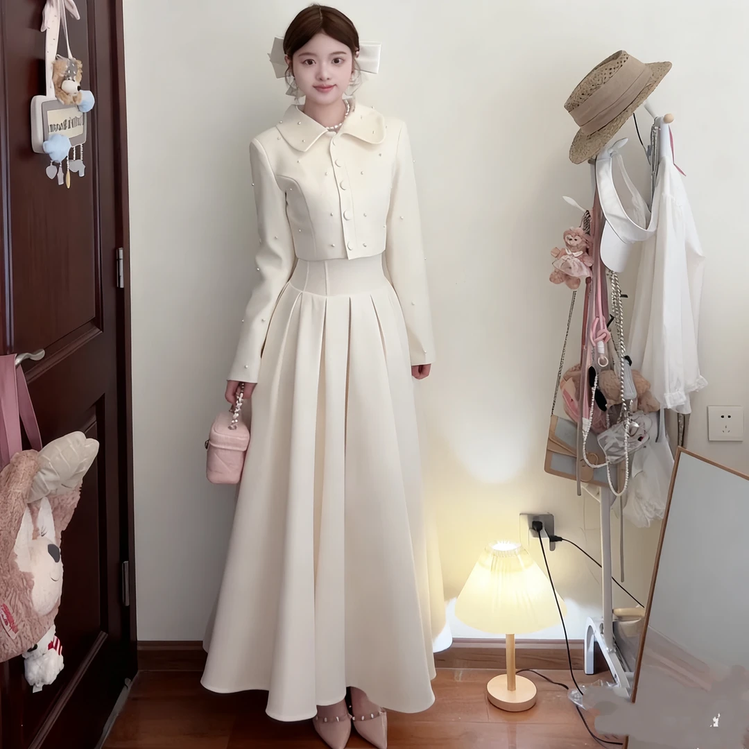 现货 SISI酱 "京洛佳人"法式复古气质收腰珍珠白色毛呢套装短外套