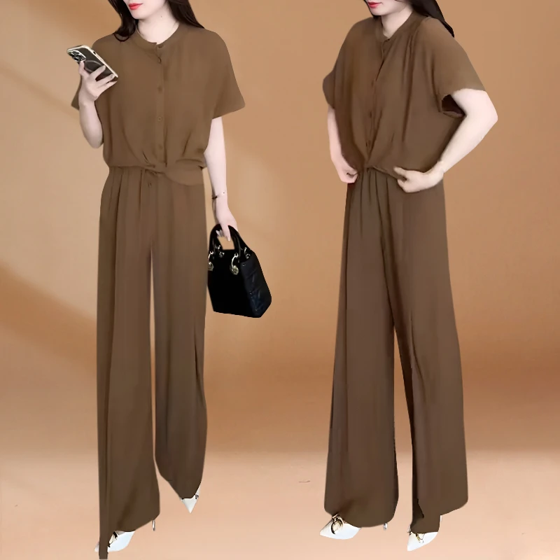 2026夏季新款时尚套装女洋气宽松显瘦遮肚子短袖高腰阔腿裤两件套