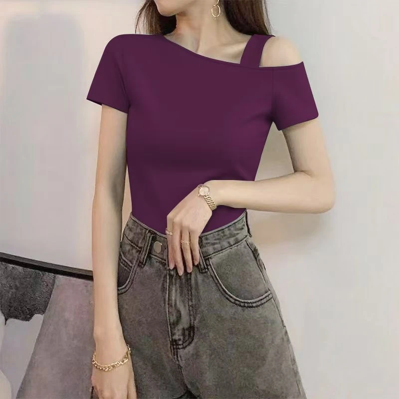 紫色斜领露肩短袖t恤女2025夏季设计感修身打底衫百搭显瘦上衣潮