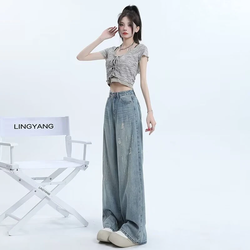 Yi雾里高街破洞阔腿牛仔裤女2025年秋季新款高腰直筒显瘦垂感拖地