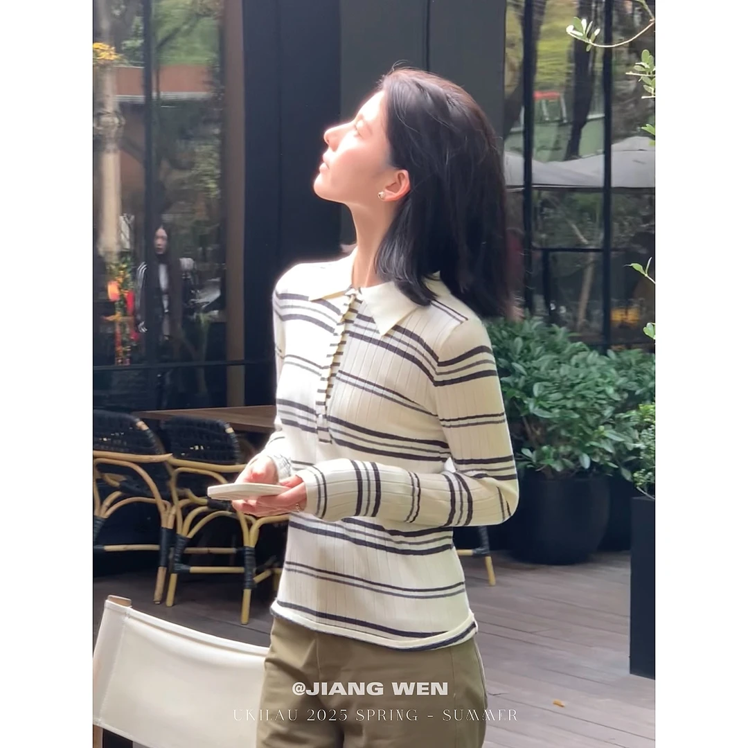 UKILAU【布尔乔亚】POLO领条纹针织衫修身百搭弹力坑条打底衫