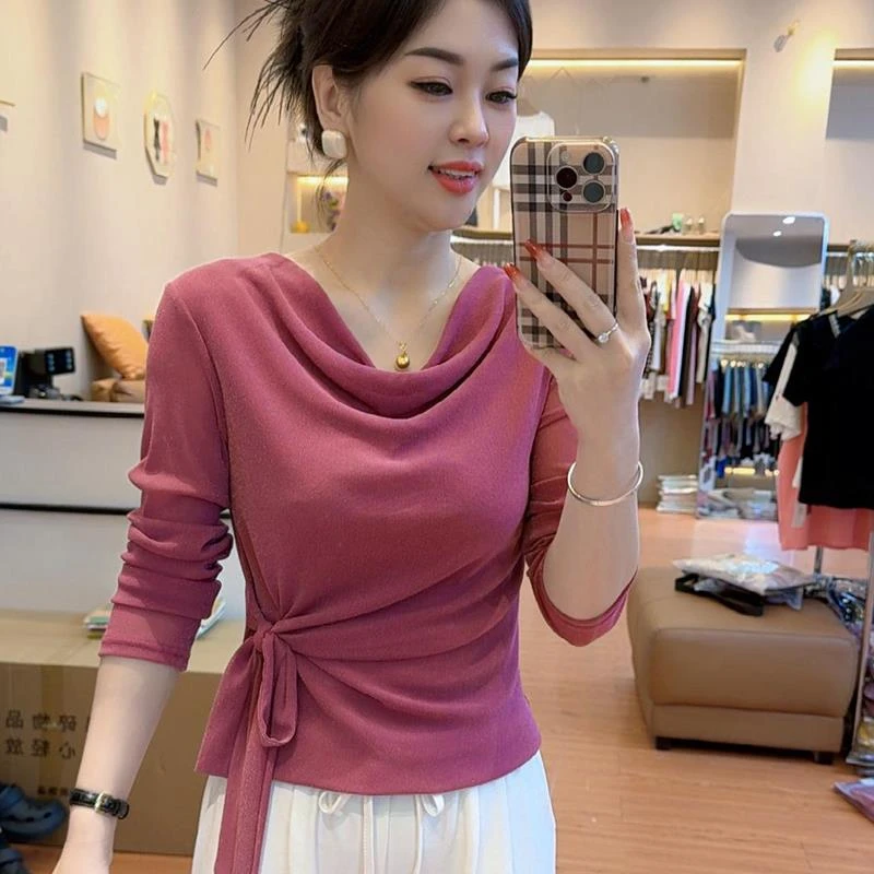2025春秋季新款女士荡领时尚洋气长袖T恤收腰绑带设计感休闲上衣