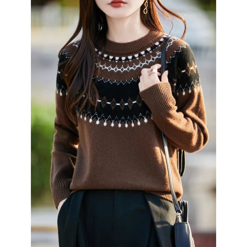 拼色提花圆领风秋冬新款休闲宽松百搭针织毛衣上衣套头气质半高领