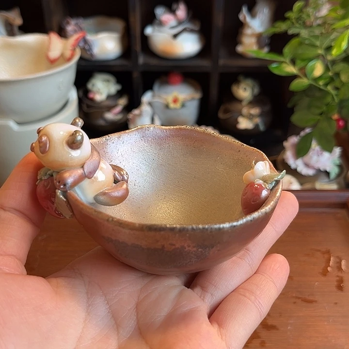 千玺造物柴烧熊猫草莓茶杯