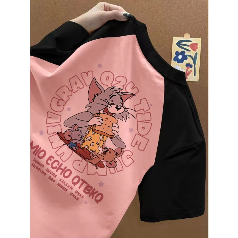 100%纯棉男女童短袖t恤插肩卡通猫和老鼠中大童休闲风撞色上衣服