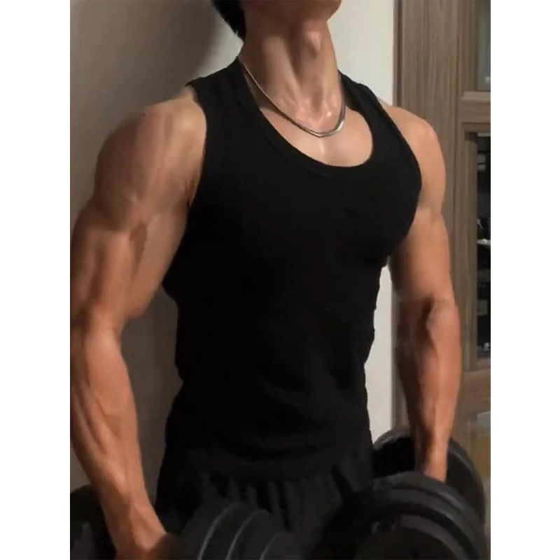 黑色显肌肉紧身背心男夏季硬汉穿搭无袖重磅t恤健身运动训练坎肩