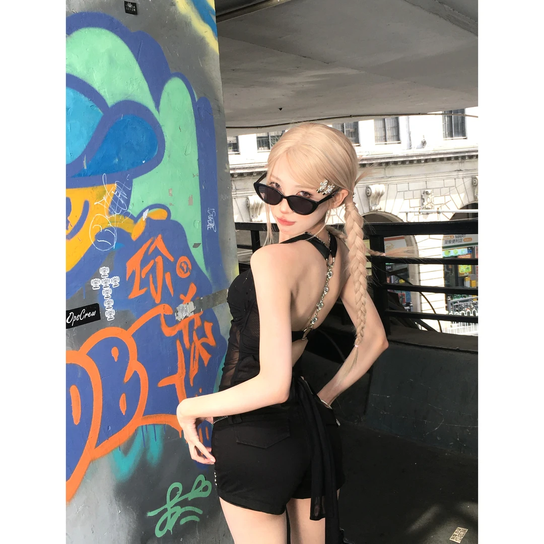 绘梨衣【圣保罗街道】夏款辣妹设计感网纱烫钻吊带美式辣妹柳丁短裤