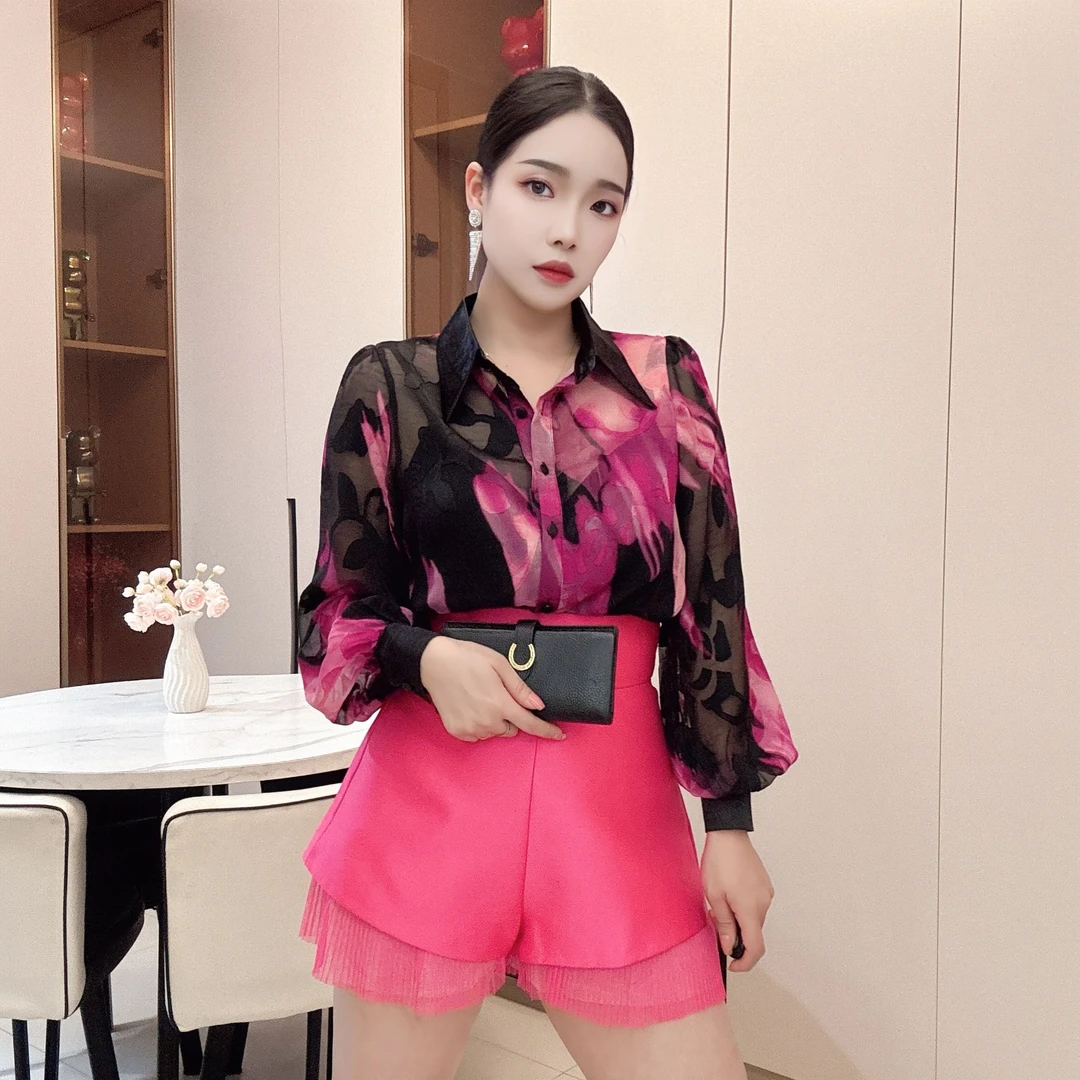 2025年夏季新款超薄花衬衫高级感立领长袖衬衣宽松气质时尚设计感