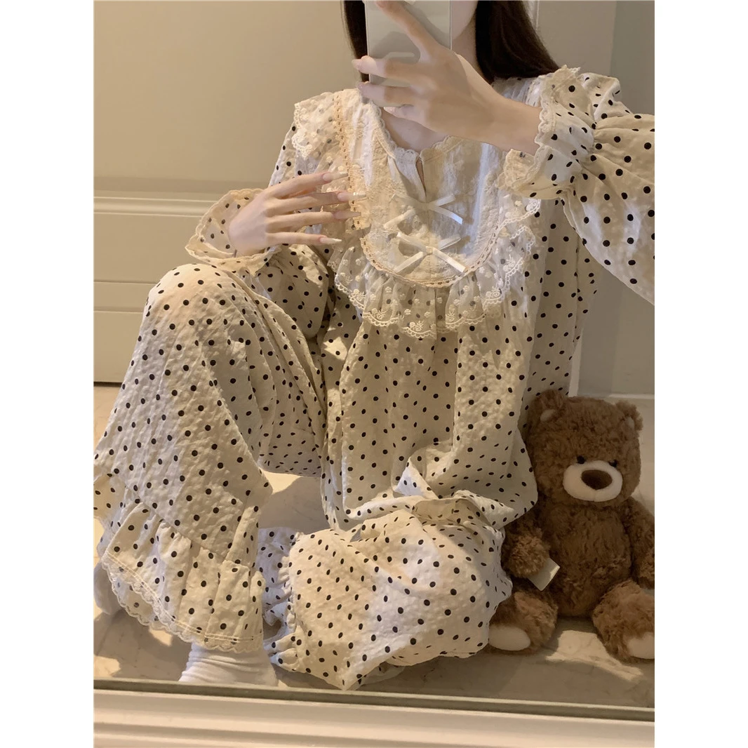 甜美公主睡衣女春秋2025新款蕾丝波点长袖长裤宫廷风家居服套装薄
