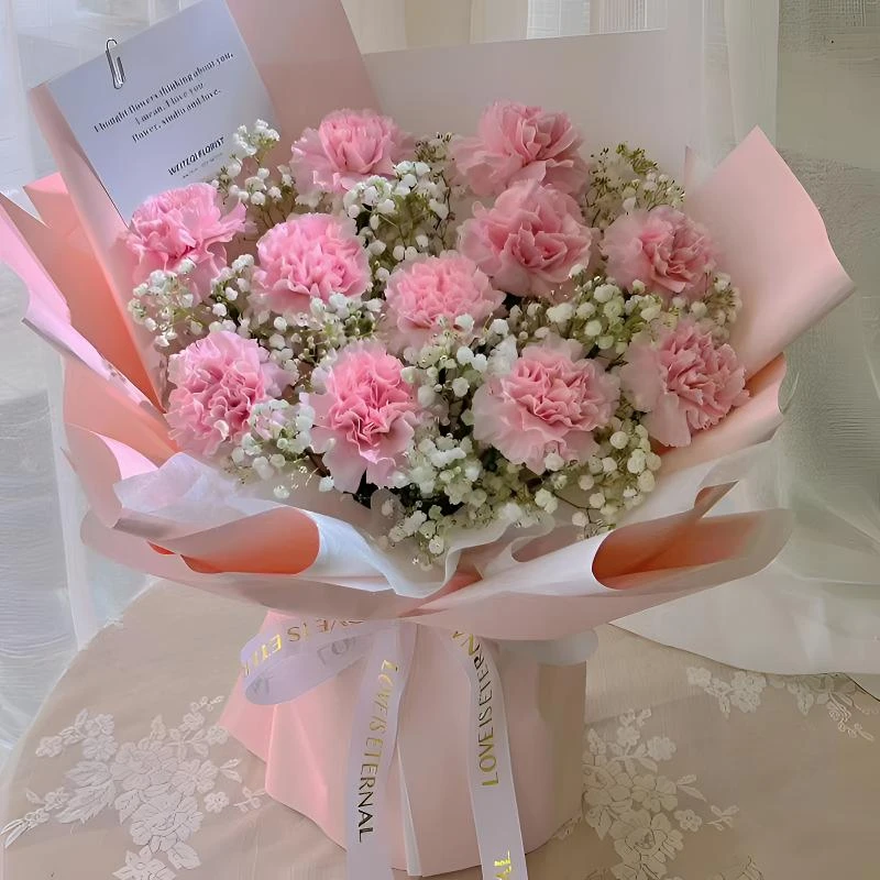 【岁月静好】生日鲜花送妈妈11枝粉康乃馨搭配满天星韩式花束3810款鲜花小时达同城配送送母亲送领导送长辈