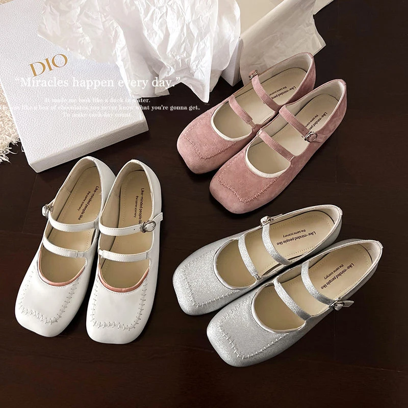 【欧若风】春秋新款软皮一字带晚晚风玛丽珍单鞋女真皮方头显脚小