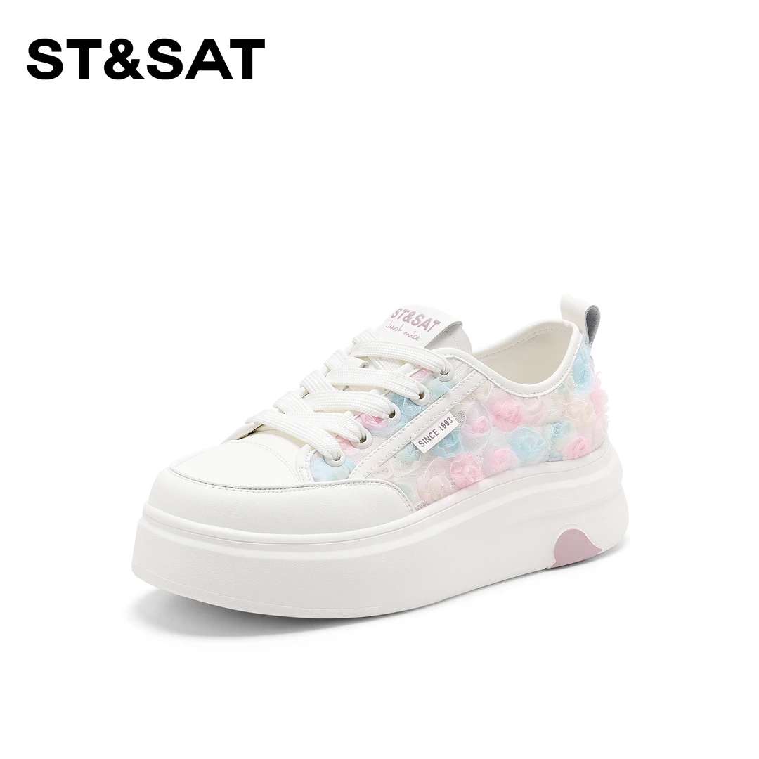 St&Sat/星期六春游季织网休闲鞋女2025新款拼色优雅风厚底板鞋
