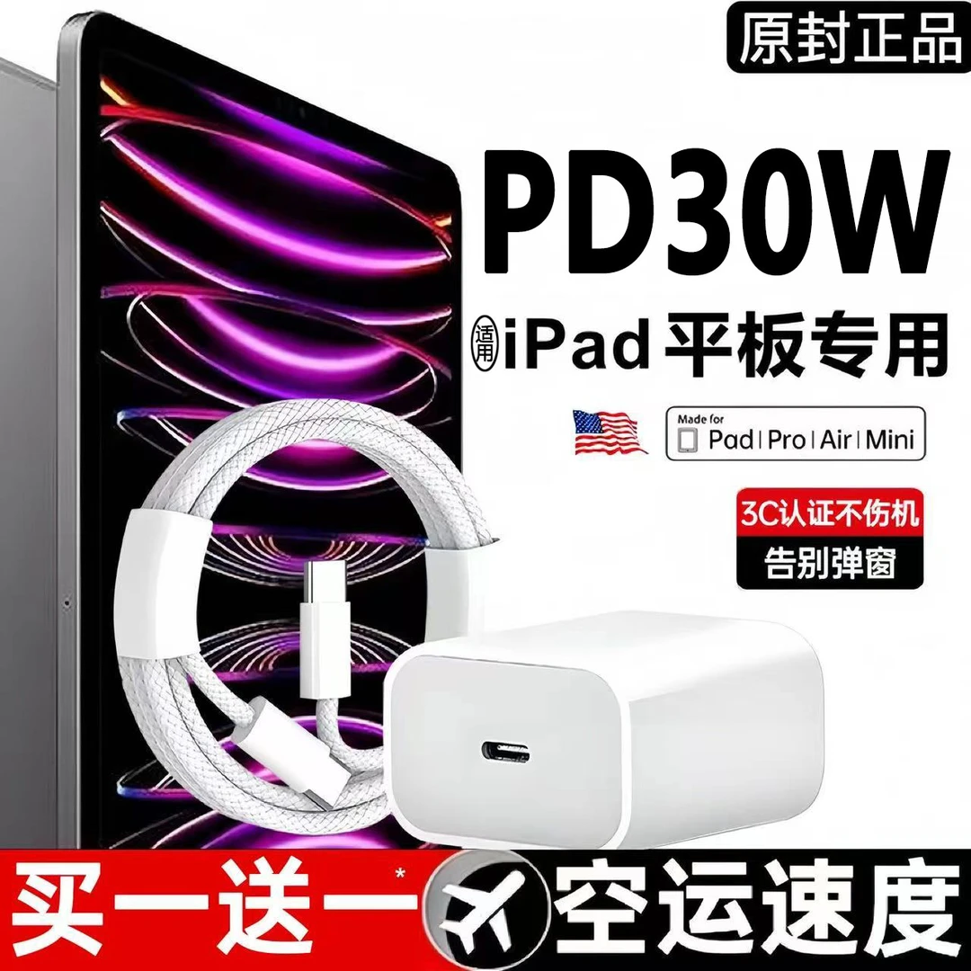 适用苹果iPadPro平板30W快充充电器头Air原装pd闪充双typec数据线