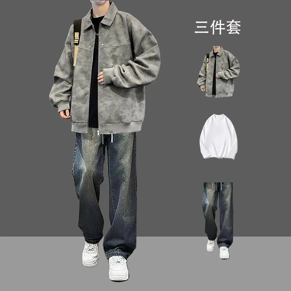 美式覆古皮夹克套装男2025新款PU皮衣痞帅一整套搭配春秋季三件套