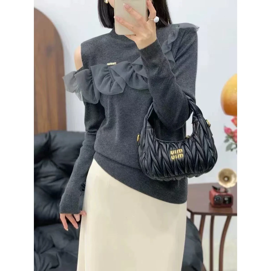 2025秋冬新款时尚气质女人味荷叶边细毛衣别致洋气针织打底衫上衣