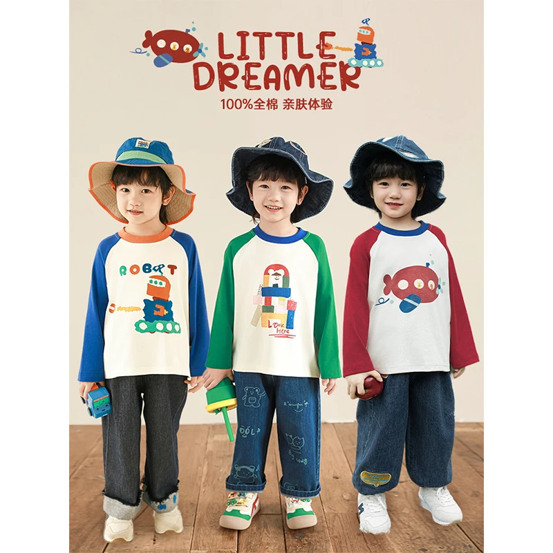 幼悠男童春装新款卡通撞色T恤春季流行宽松百搭儿童长袖上衣N5805