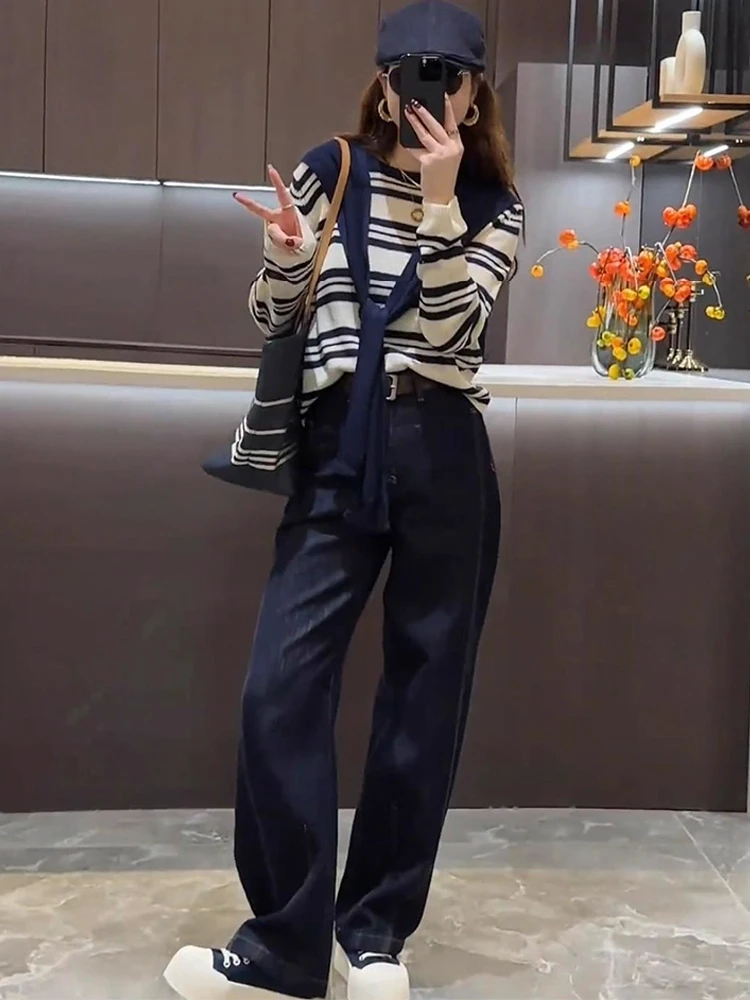 秋装独特绝美小香风针织上衣牛仔裤套装女盐系ootd穿搭超火两件套