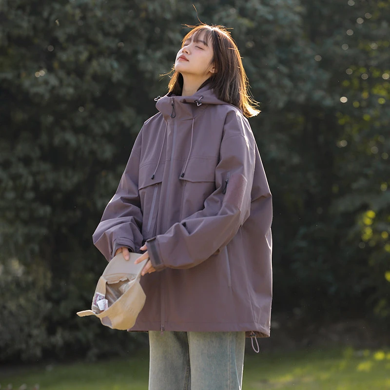 户外山系美式宽松连帽机能冲锋衣男女同穿春秋多口袋工装防水夹克