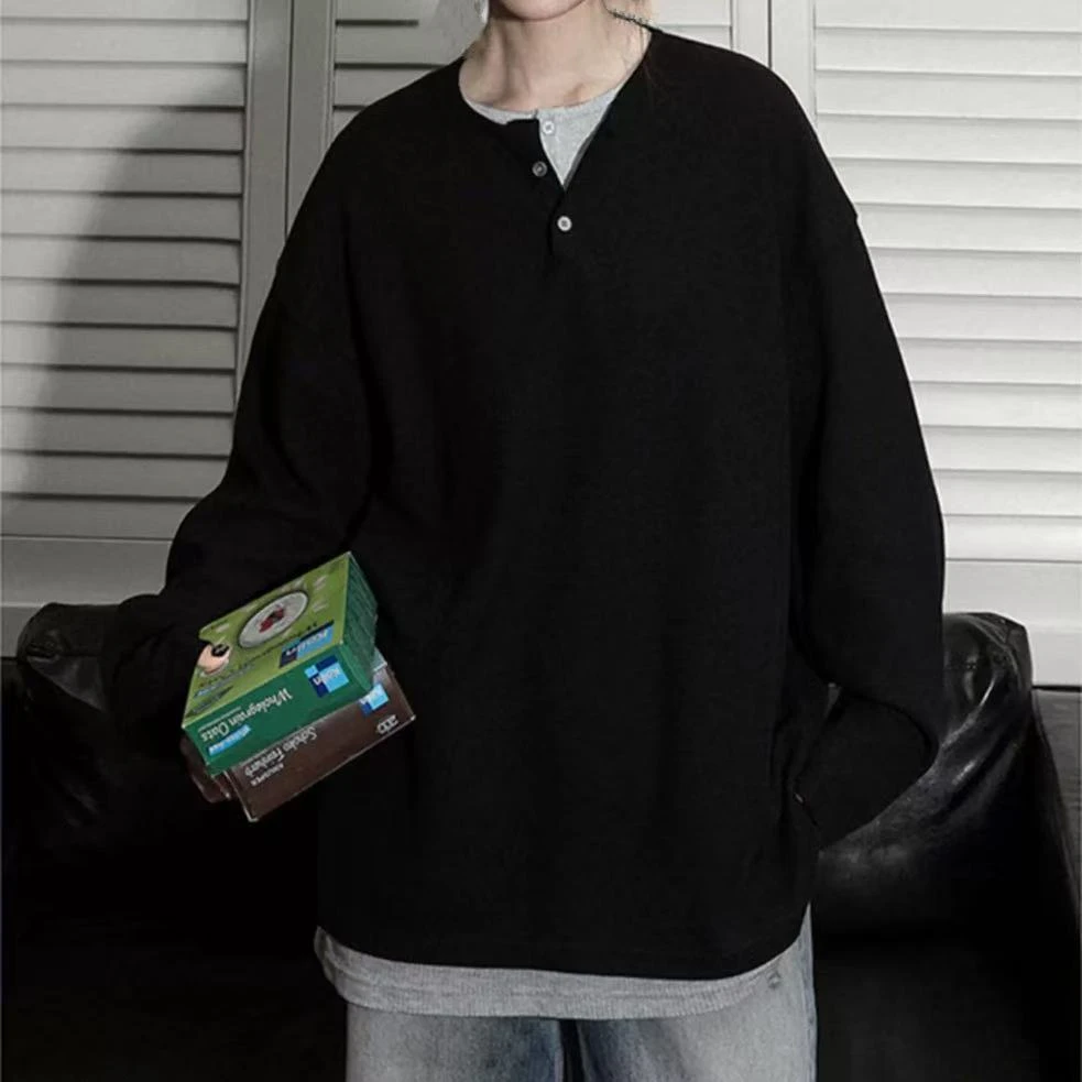 情侣假两件亨利领长袖t恤男韩系内搭华夫格卫衣设计感小众打底衫