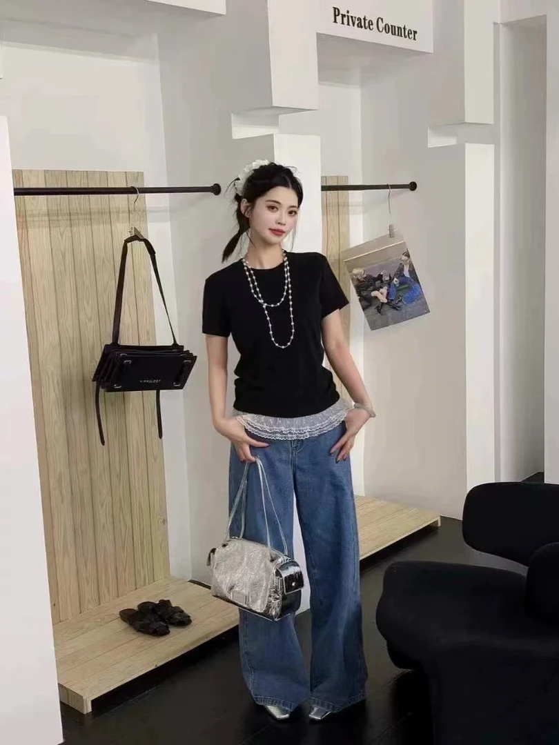 白色蕾丝拼接短袖上衣女开春芭蕾风纯欲正肩T恤显瘦蝴蝶结打底衫