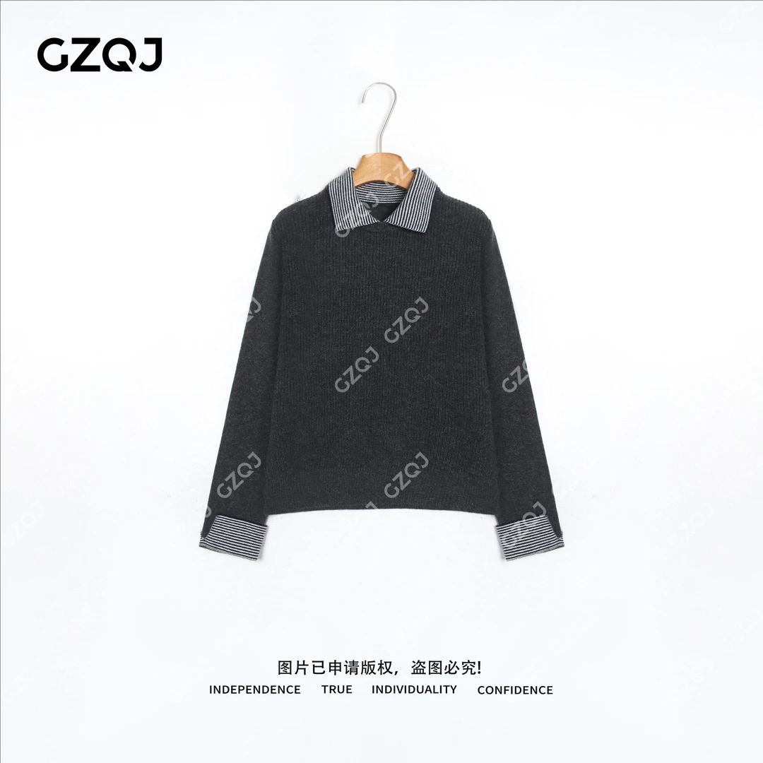 老琴私服【叠影领】100绵羊毛格子Polo领假两件针织衫女冬 35041