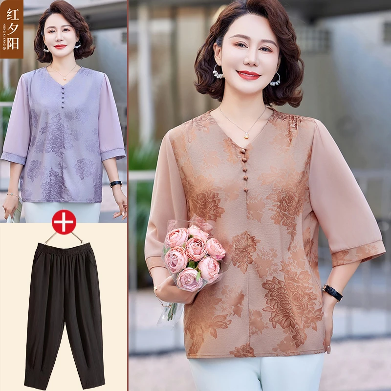 新中式妈妈夏装套装国风衬衫2025新款中老年春夏雪纺七分袖上衣女
