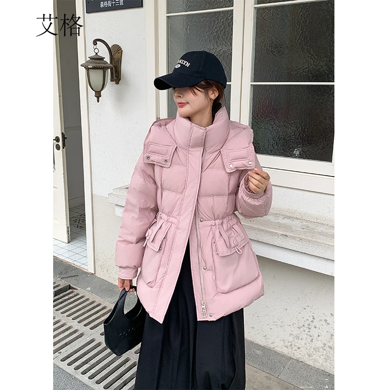 艾格连帽中长款羽绒服女士冬季2024新款时尚宽松收腰显瘦保暖外套