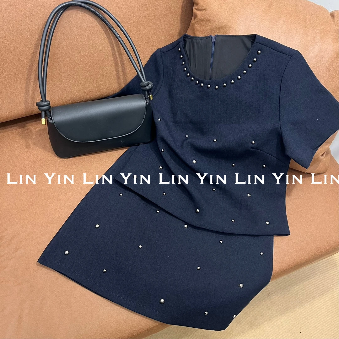 小香风短袖套装女夏2025新款重工钉珠富家千金套头上衣短裙两件套