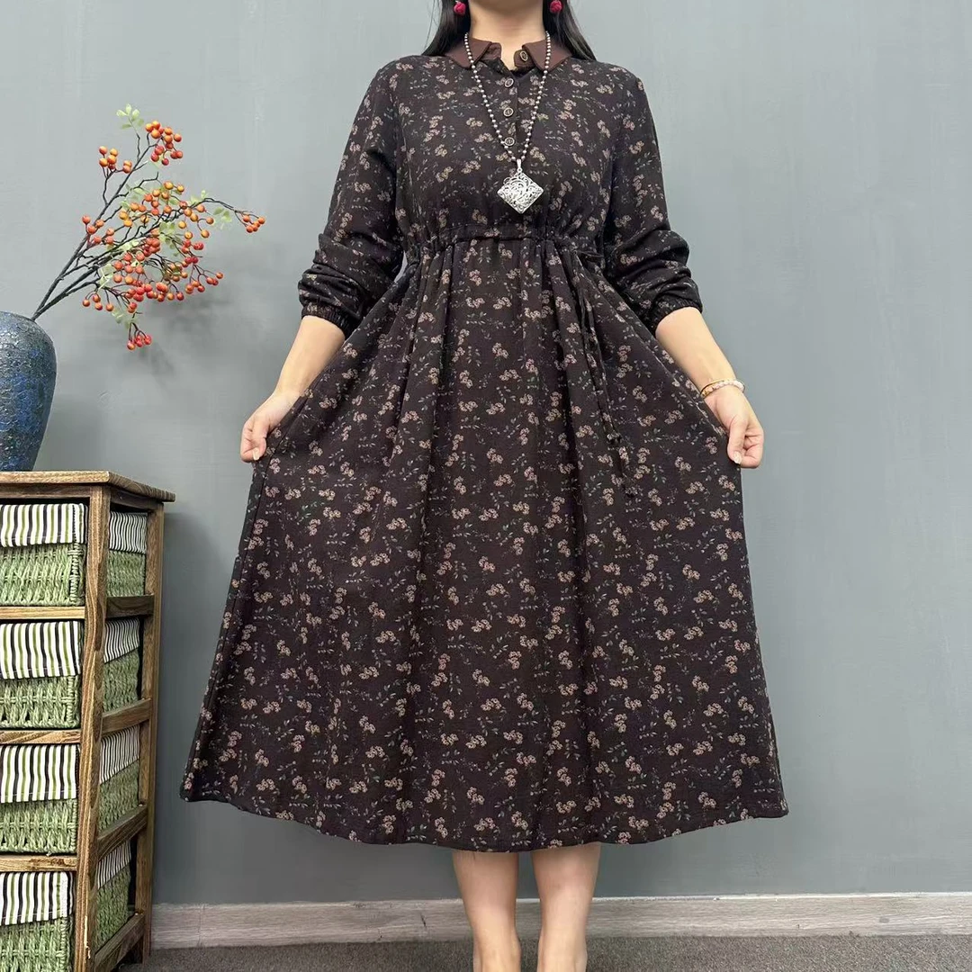 5852-5846秋季新品单排扣翻领深咖色碎花加绒长袖大摆连衣裙