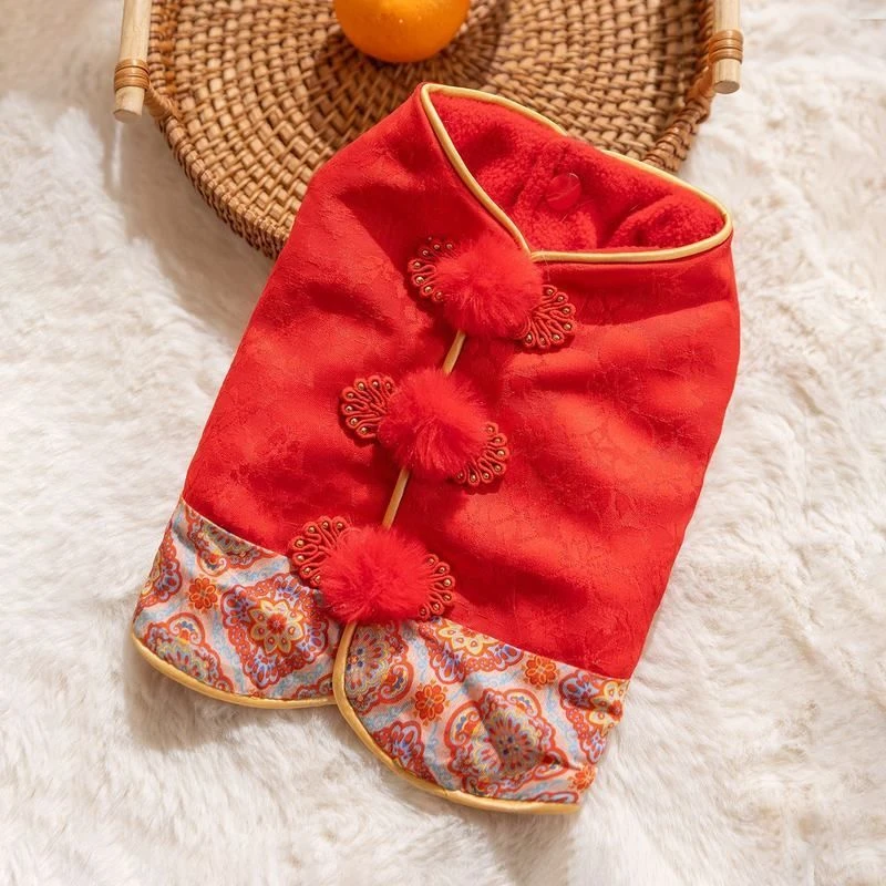 小型犬秋冬两脚加绒梅花暗纹唐装盘扣马甲比熊泰迪拜年宠物狗衣服