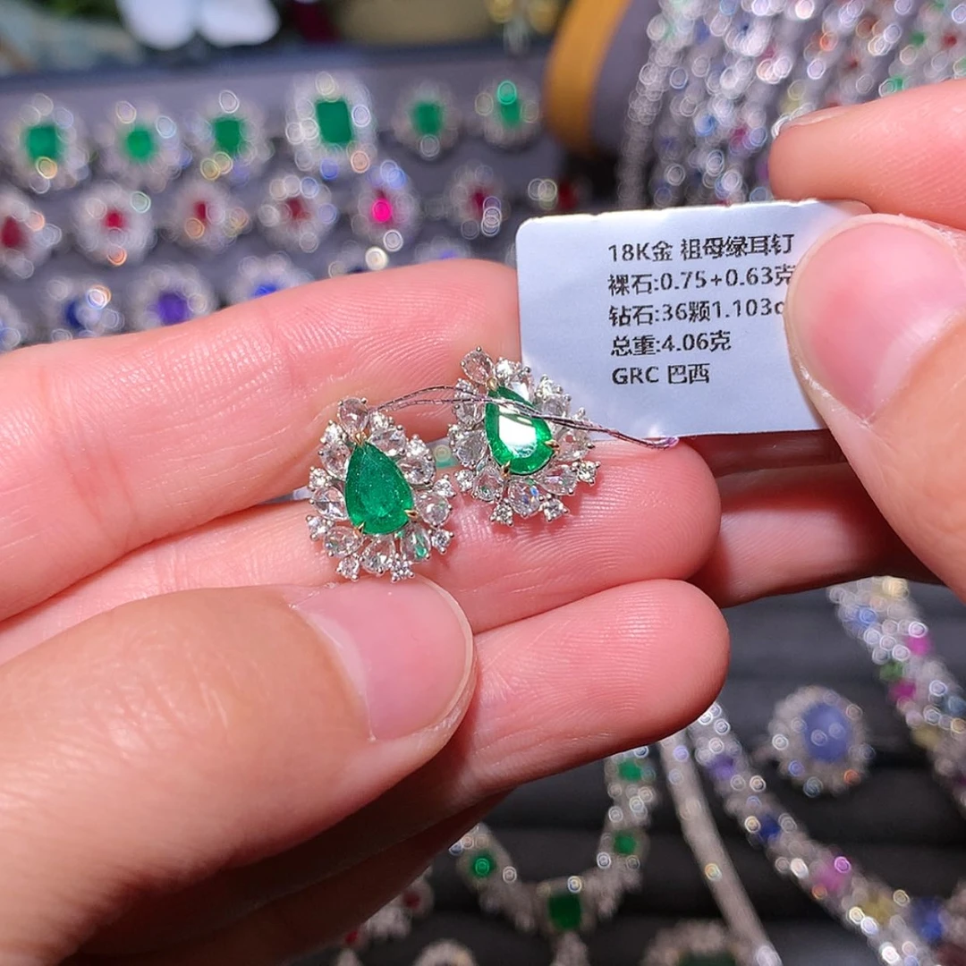 【闪购商品】祖母绿耳钉18K金镶嵌