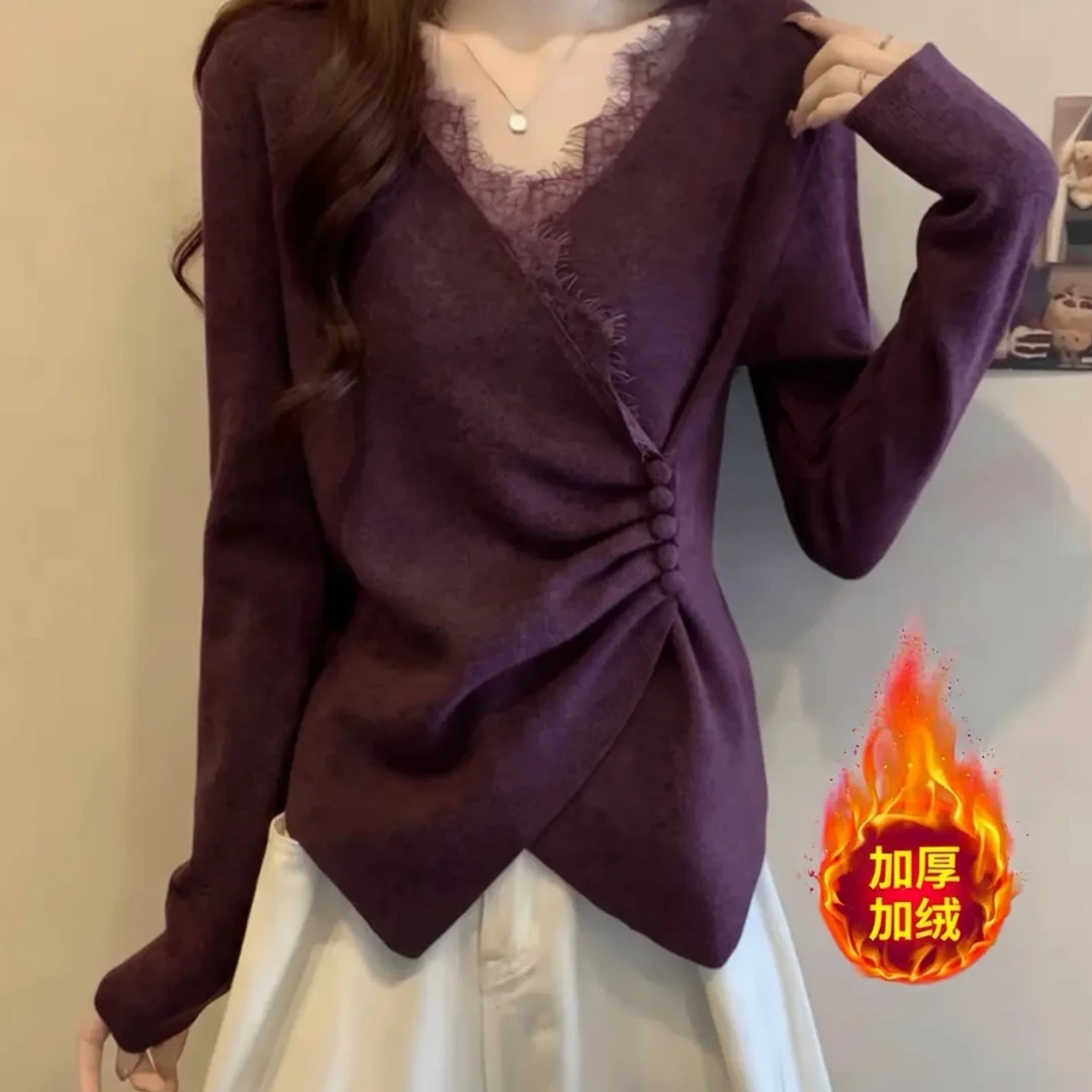 秋冬季大码女装胖mm遮肉显瘦蕾丝拼接纯色掐腰内搭百搭上衣