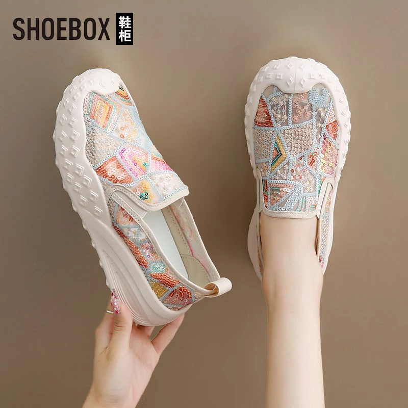 达芙妮集团旗下女鞋踩屎感渔夫鞋秋季透气亮片网鞋不累脚软底布鞋