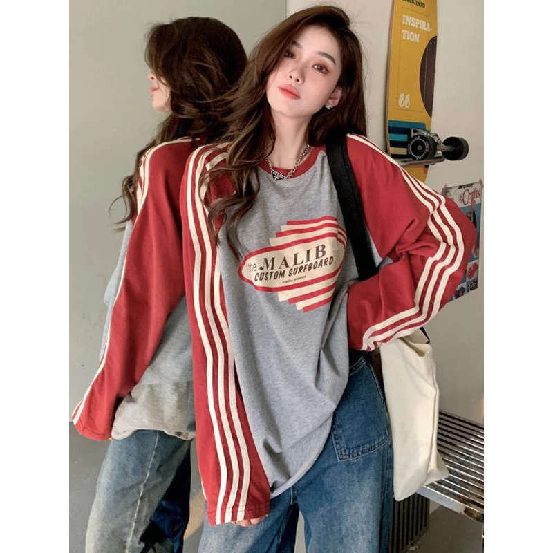 韩系休闲宽松印花拼接长袖T恤女美式运动风bf百搭复古撞色秋上衣