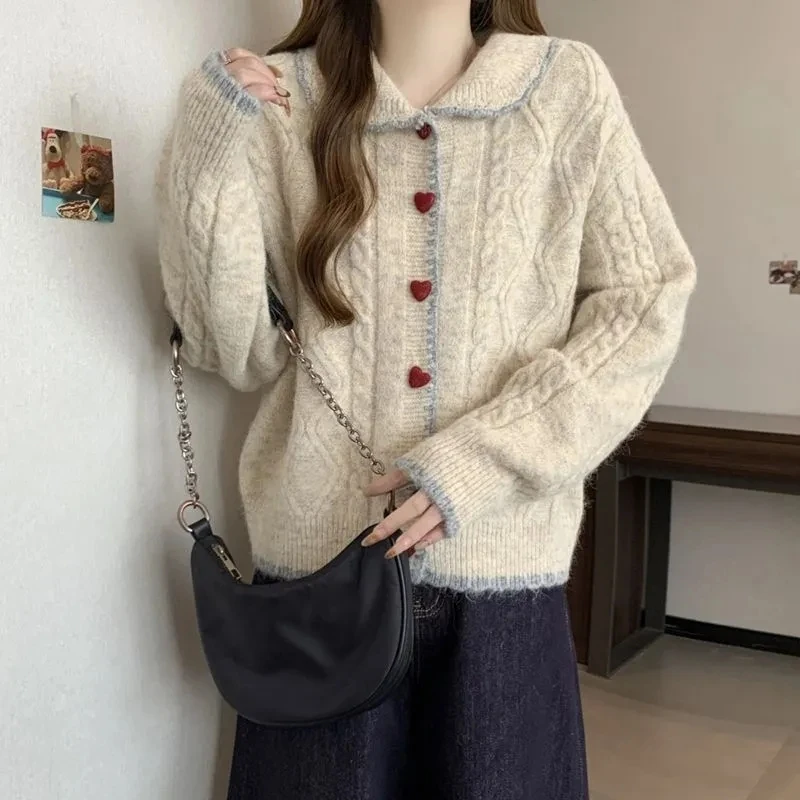 温柔风爱心纽扣毛衣女开衫春款学院风针织衫外套正肩显瘦慵懒上衣