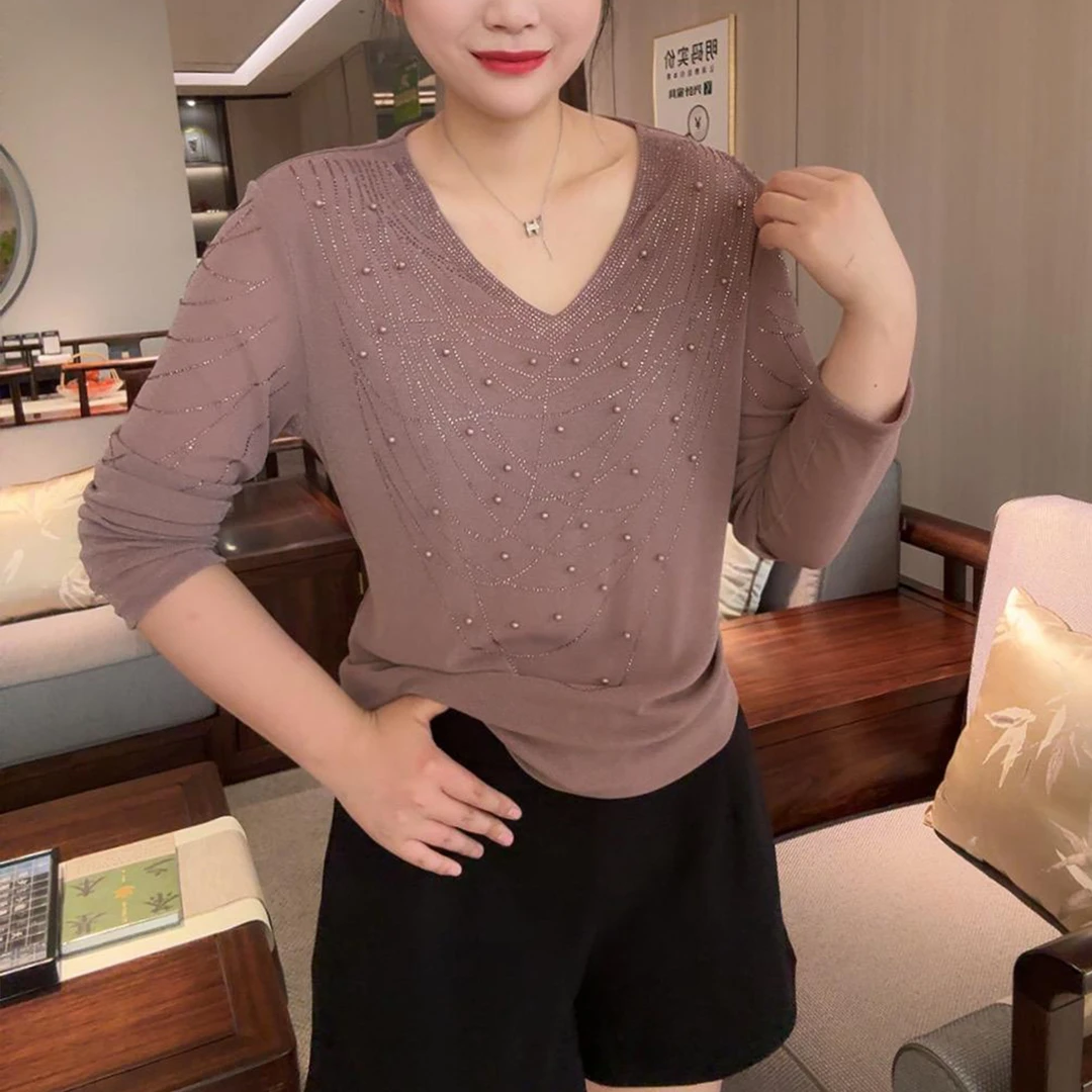 早秋串珠满钻V领长袖亲肤针织衫R弹力修身百搭妈妈装减龄款打底衫