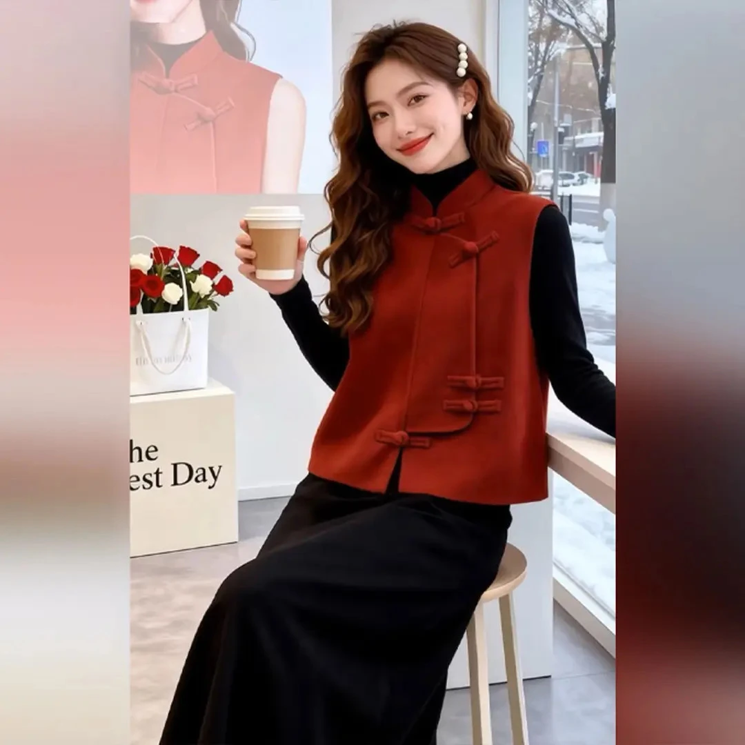 直筒 毛呢新中式叠穿高端外套马甲 加厚打底衫半高领半身裙丝绒