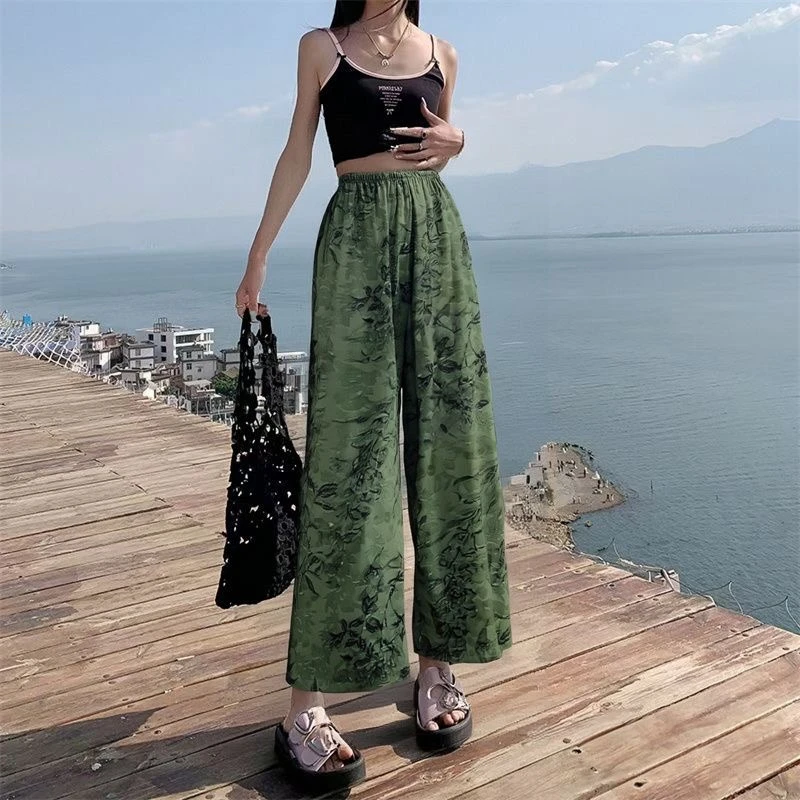 【大漂亮专属】夏季新款松紧带印花时尚百搭 休闲裤人棉棉绸阔腿裤