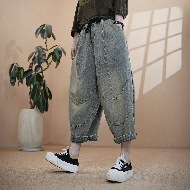 【Hty推荐】水洗老爹裤夏季哈伦裤做旧牛仔裤宽松复古九分裤250108