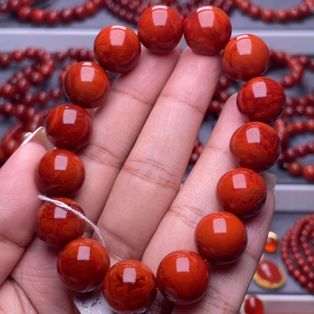 南红玛瑙未镶嵌其他高品14.2mm瓦西柿子红满色满肉火焰手串