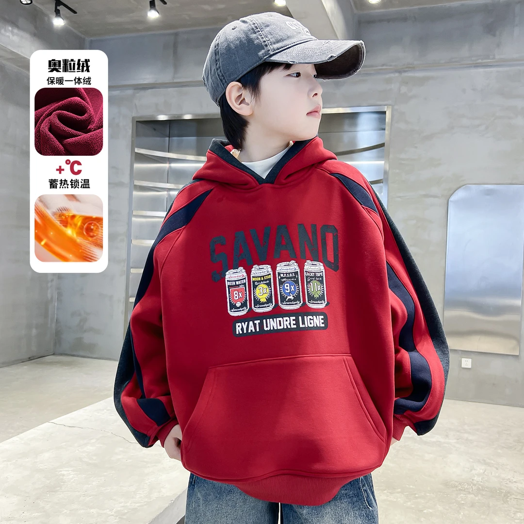 男童冬季红色加绒连帽卫衣2025新款青少年儿童中大童新年加厚上衣