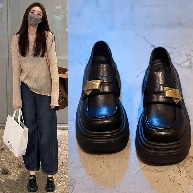 【万象撤柜】英伦风厚底乐福鞋女2025春秋新款增高jk皮鞋一脚蹬单鞋