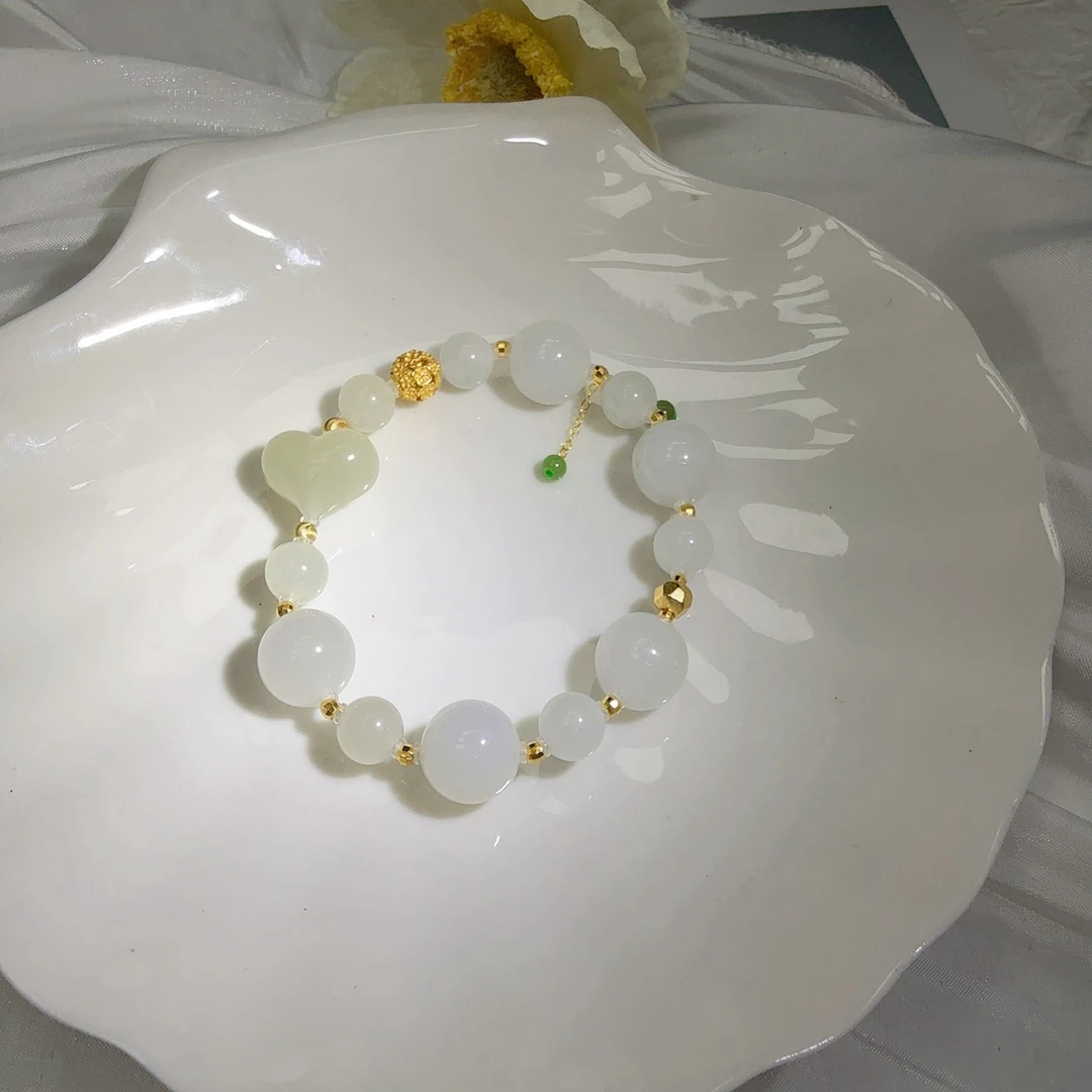 天然和田玉白玉搭配爱心手串 多样性发其一 E801