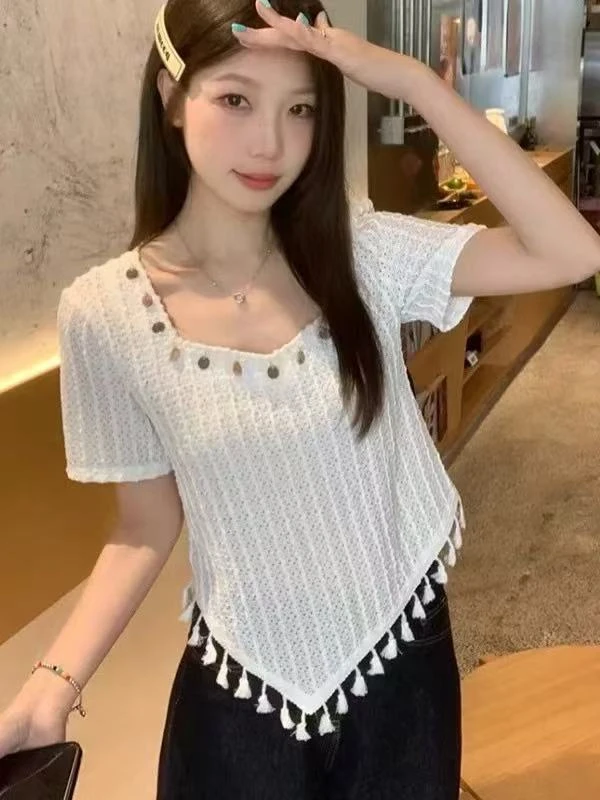 胖胖家*2545新款流苏方领百搭显瘦半袖