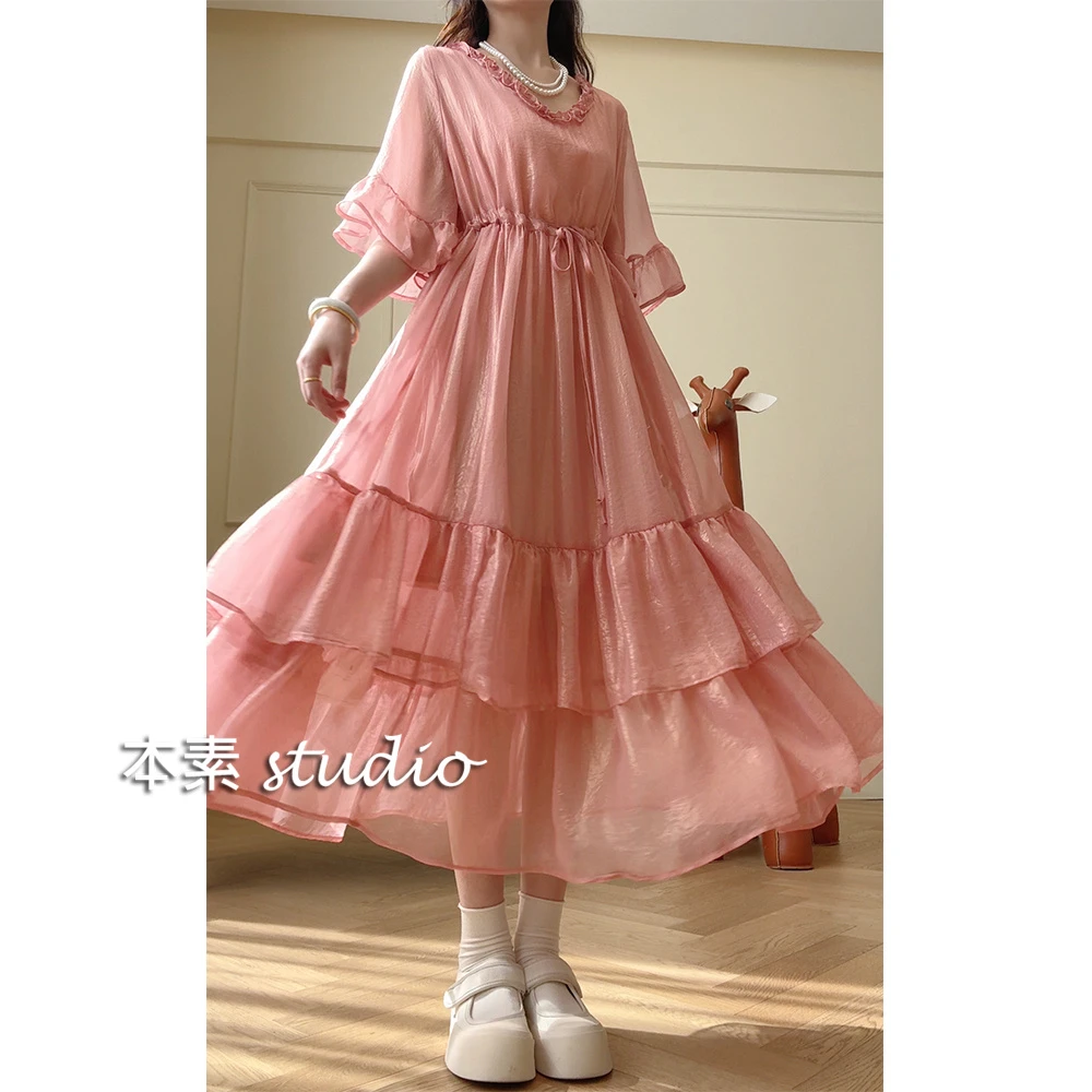 西柚MNY2571腰部抽绳木耳边V领短袖连衣裙