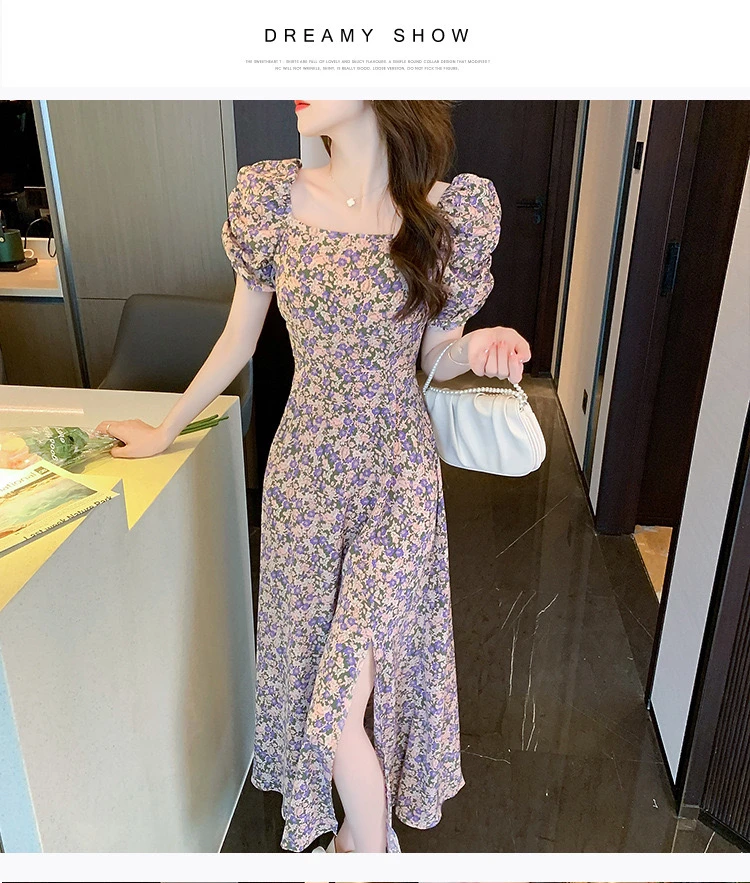 法式方领泡泡袖碎花中长款连衣裙女2025夏季新款收腰开叉A字裙潮