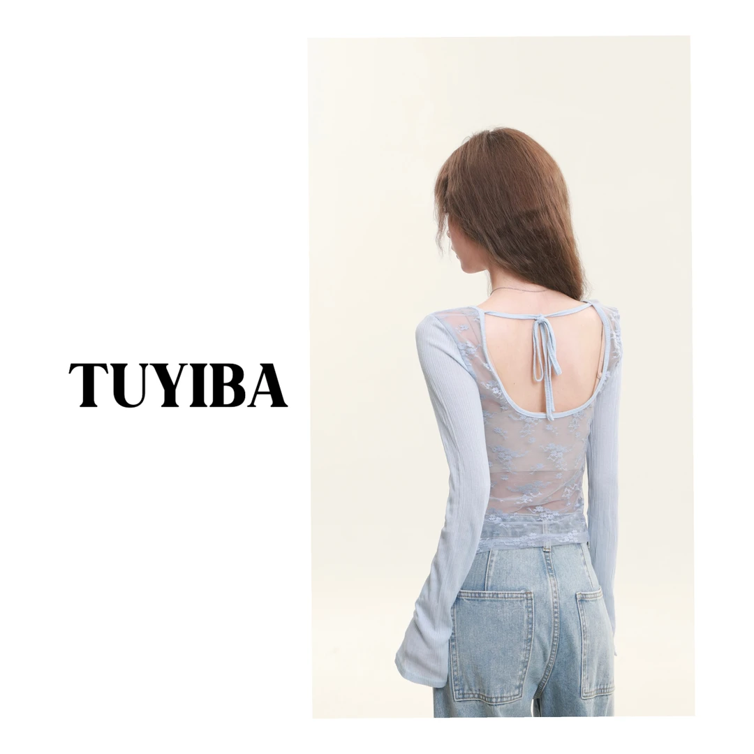 【兔兔】时尚休闲百搭宽松长袖显瘦露背半透蕾丝上衣 2738